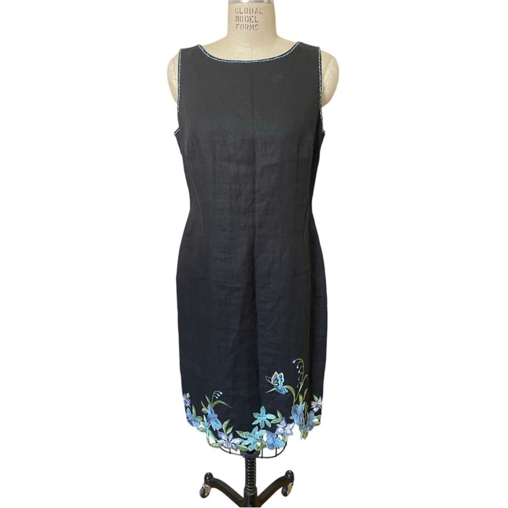 Talbots sleeveless Black Dress with green and blue embroidered flowers